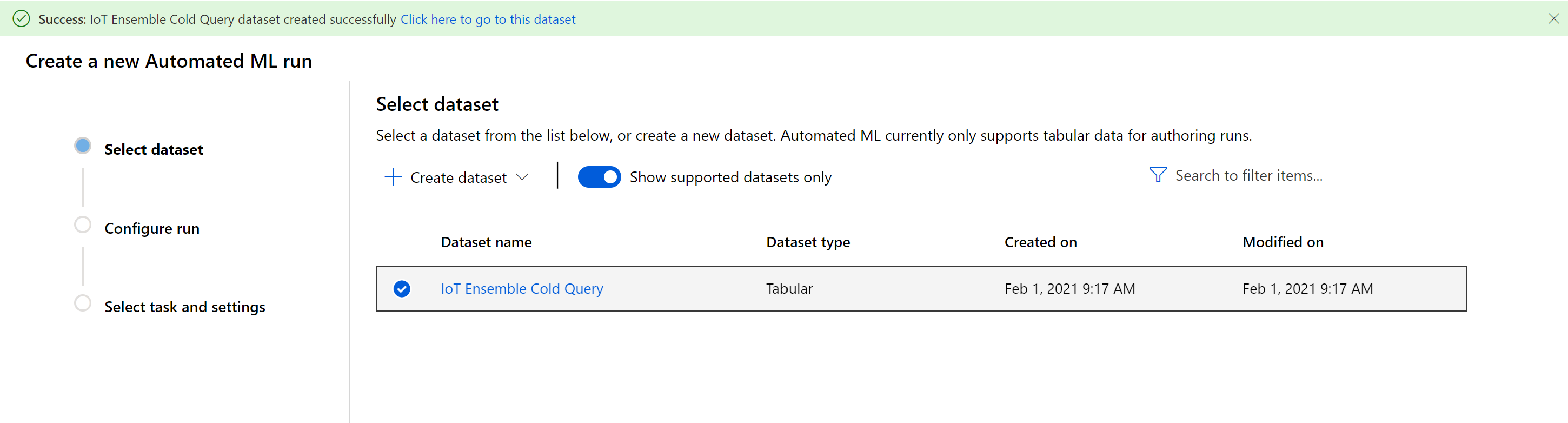 Azure ML Automated ML Run Dataset List