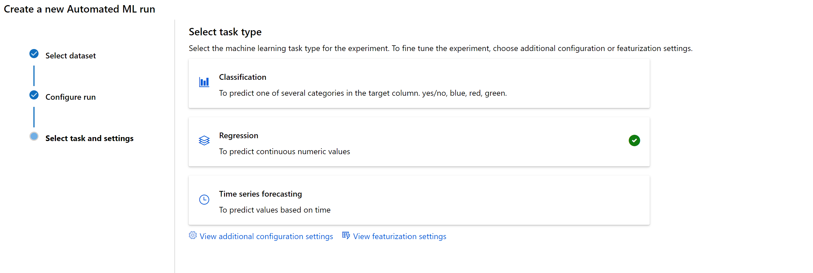 Azure ML Automated ML Run Task Settings